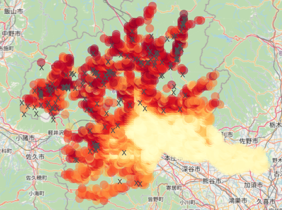 Bear Sightings Map of Gunma Prefecture